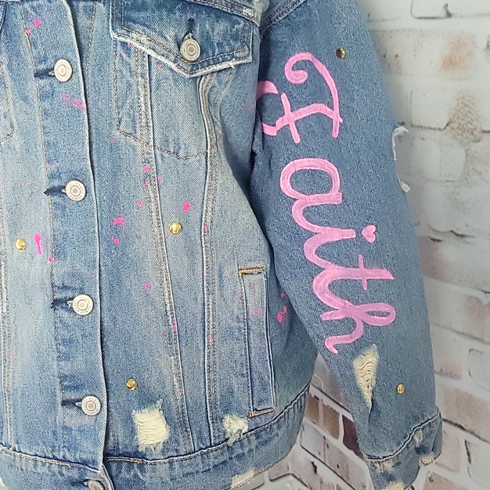 Custom Upcycled Pink Ribbon Jean Jacket S/M Breast Cancer 🎀 - Picture 8 of 12